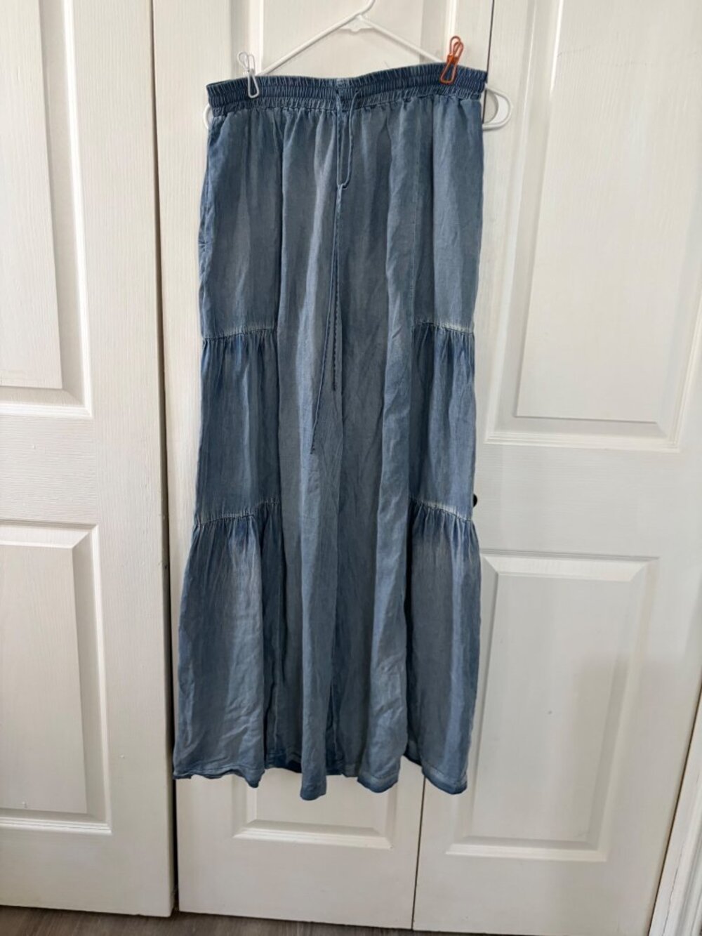 Mustard Seed Womens Light Blue Tiered Wide-Leg Chambray Pants With Elastic Waist